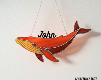 Personalized Whale Stained Glass Suncatcher, Handmade Ocean Animal Decor, Custom Sea Lover Gift, Window Hanging Art