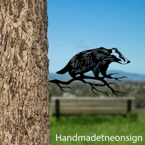 Personalized Badger On Branch Metal Tree Stake, Badger Garden Tree Stake, Badger Metal Tree Art, Animal Yard Art Decor, Garden Outdoor Decor