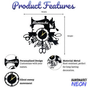 May include: Black metal wall clock with a sewing machine design, featuring a clock face with gold hands. The clock includes the text "Mamouche" and the words "Product Features". It is rust-resistant and has a silent sweep movement.