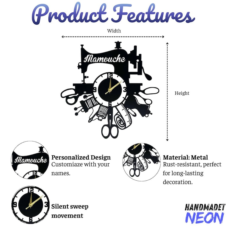 May include: Black metal wall clock with a sewing machine design, featuring a clock face with gold hands. The clock includes the text "Mamouche" and the words "Product Features". It is rust-resistant and has a silent sweep movement.