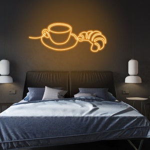 Croissant and coffee neon sign, croissant led neon sign, bakery neon lights, croissant dough neon sign, breakfast neon sign