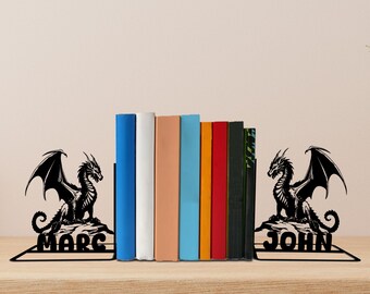 Custom Dragon Metal Bookends, Dragon Name Bookend, Dragon Table Sign, Dragon Bookshelf Home Decor, Dragon Book Lover Gift, Christmas Gift