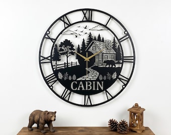Personalized Cabin Metal Wall Clock, Bear Forest Wall Art Decor, Rustic Mountain Home Decor