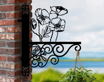 Personalized Cluster Of Poppies Hanging Bracket, Poppies Hanging Basket Bracket, Flower Hanging Bracket For Garden, Metal Sign Garden Decor