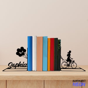 Custom Girl Children Metal Bookends Girl Name Bookend Balloon Table Sign, Bicycle Bookshelf Home Decor, Book Lover Gift, Back To School Gift