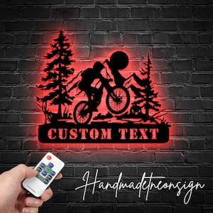 Custom Mountain Bike Metal Wall Art LED Light - Personalized Biker Name Metal Led Sign, Mountain Biking Led Sign, Sport Club Room Wall Decor