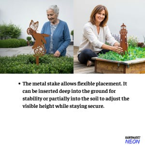 May include: Two garden stakes, one with a butterfly design and the other a lighthouse, are shown in a garden setting. The stakes are made of metal and are designed to be placed in the ground. The text on the image says, "The metal stake allows flexible placement."
