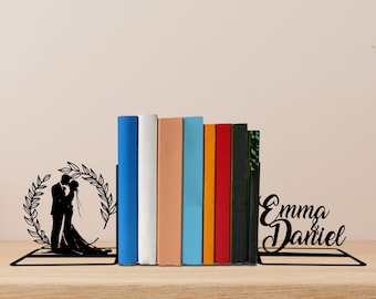 Custom Couple Lover Metal Bookends Couple Name Bookend, Wedding Table Sign, Bookshelf Decor, Book Lover Gift, Gifts For Couple Metal Desk