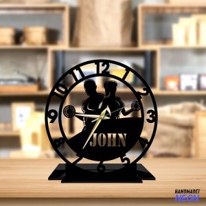 Custom Powerlifting Tabletop Metal Clock, Weightlifting Office Desktop Clock, Gym Desk Circle Clock, Clock Bookshelf Decor, Clock Home Decor