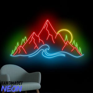 Letrero de neón de montaña, letrero LED de bosque de montaña, luz LED de océano de montaña, luz de neón de sol de montaña, arte de pared de montaña, decoración de pared para el hogar