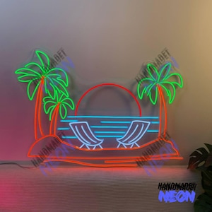 Ocean Palm Tree Neon Sign, Beach Sunset Led Sign, Hello Summer Neon Light, Tropical Island Led Sign, Holiday Pool Party Room Wall Decor