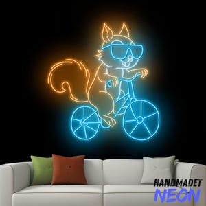 Letrero de neón de ardilla en bicicleta, letrero LED de ardilla, linda luz de neón de ardilla, luz LED de ardilla, arte de pared de habitación de animales, decoración de pared para el hogar