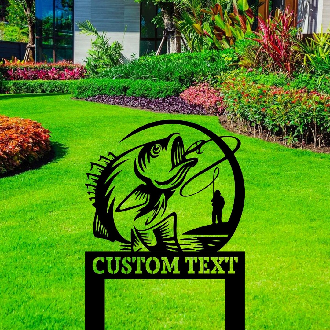 Custom Outdoor Fishing Lake Metal Sign With Stakes Personalized Outdoor Fishing Metal Name Sign