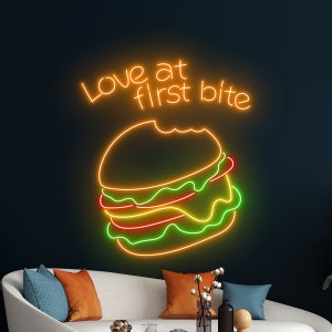 Love At First Bite Neon Sign, Burger LED Sign, Burger Neon Light, Burger LED Light, Restaurant Room Wall Art Decor, Food Shop Neon Light