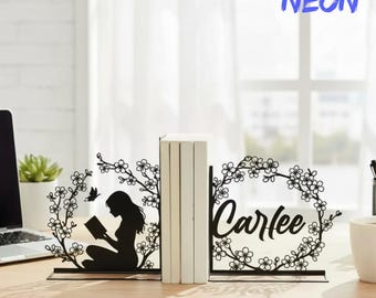 Personalized Reading Girl Metal Bookends, Custom Reader Metal Book Stopper with Name, Gift For Book Lover, Book Store Decor, Kid Room Decor