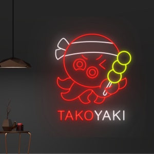 May include: Red neon sign with a cartoon octopus wearing a white headband and holding a yellow dango skewer. The sign says "TAKOYAKI" in red neon.