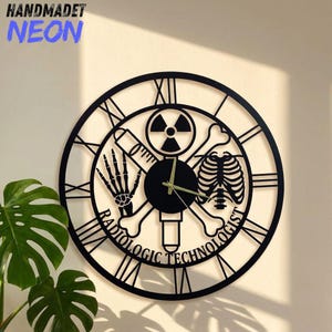 May include: A black circular wall clock featuring Roman numerals and a central design with a radiation symbol, a skeletal hand, a rib cage, and a syringe. The text RADIOLOGIC TECHNOLOGIST is printed along the bottom of the inner circle.