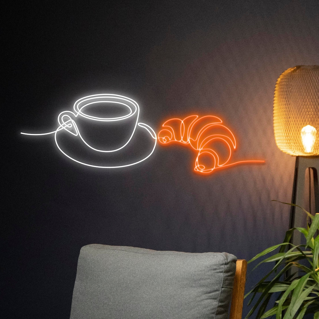 Croissant Coffee Neon Sign, Cafe Croissant Neon Light, Tea Cup ...