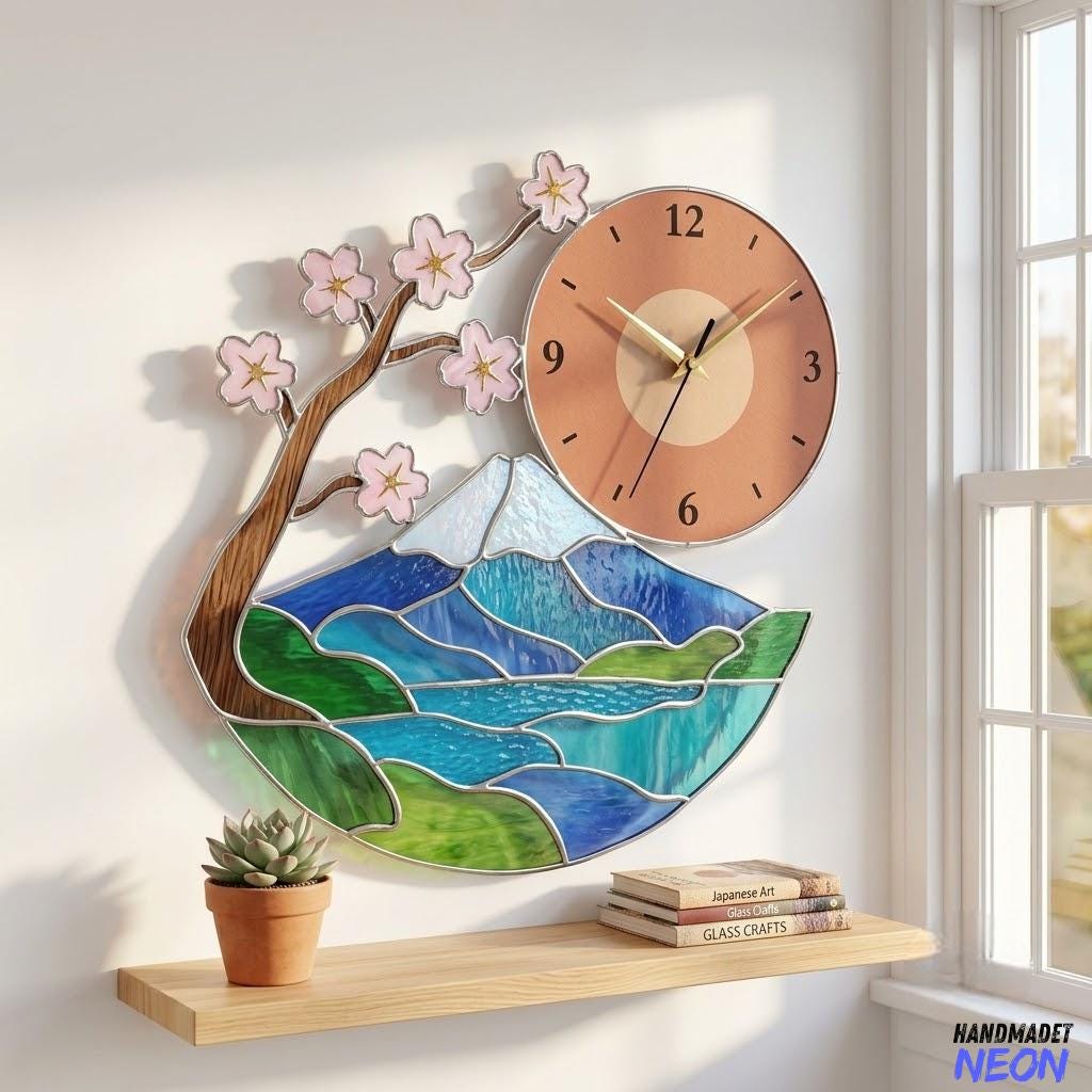 Custom Stained Glass Mount Fuji Wall Clock, Japanese Blossom