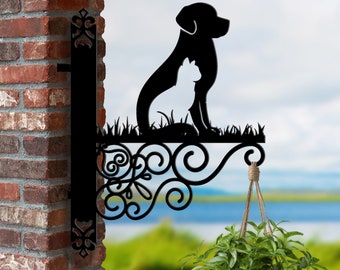 Personalized Dog And Cat Hanging Bracket, Cat Dog Hanging Basket Bracket, Cat Dog Hanging Bracket For Garden, Pet Metal Sign Garden Decor