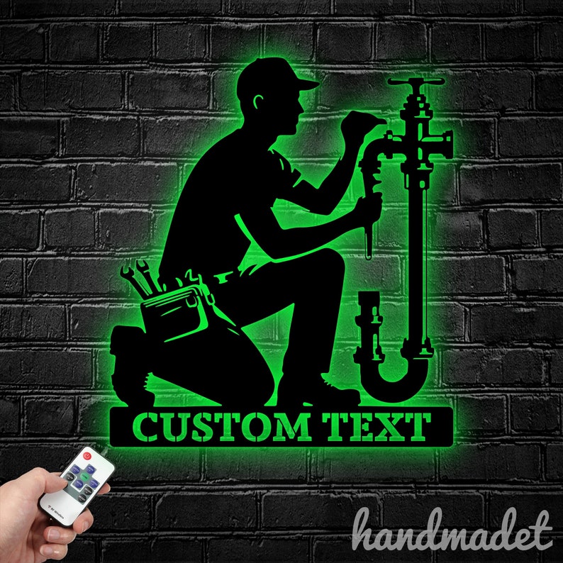Custom Plumber Name Metal Wall Art LED Light, Plumber Metal Sign ...