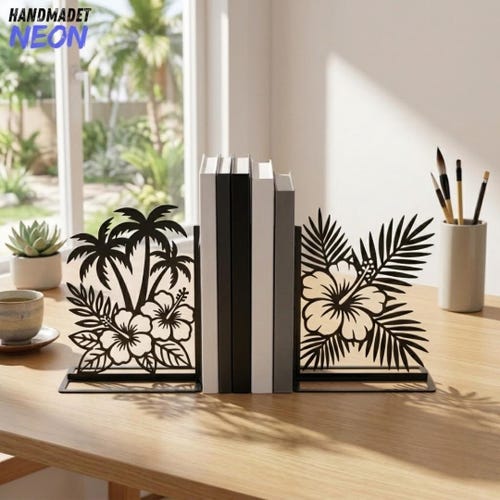 Custom Hibiscus Metal Bookends, Tropical Palm Tree Floral Book Stopper Art Sign, Coastal Shelf Decor