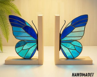 Schmetterlings-Buntglas-Buchstützen, handgemachter Glasbuchhalter, Schmetterlings-Bücherregaldekor, Wohnkultur, Weihnachtsgeschenk