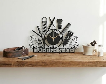 Reloj de pared de metal personalizado para barbería, regalo de peluquero personalizado, arte de pared de salón hecho a mano, decoración de peluquería, letrero de barbería