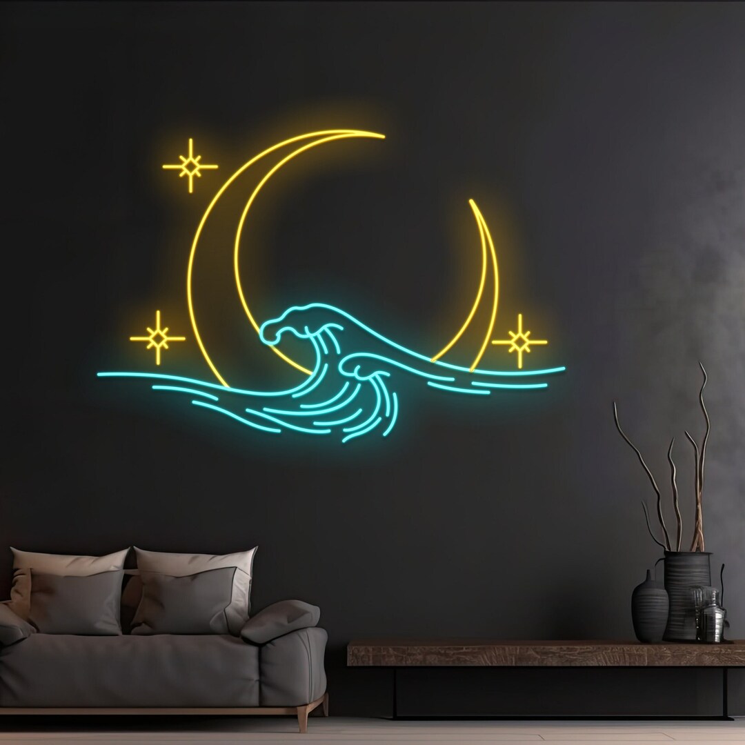 Custom Moon Ocean Waves Neon Sign, Sea Wave Moon Led Sign, Beach Led ...