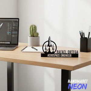 Personalized Engineer Desk Name Plate For Office Decor, Custom Metal Name Sign with Rockets, Gift For Engineer or Corporate