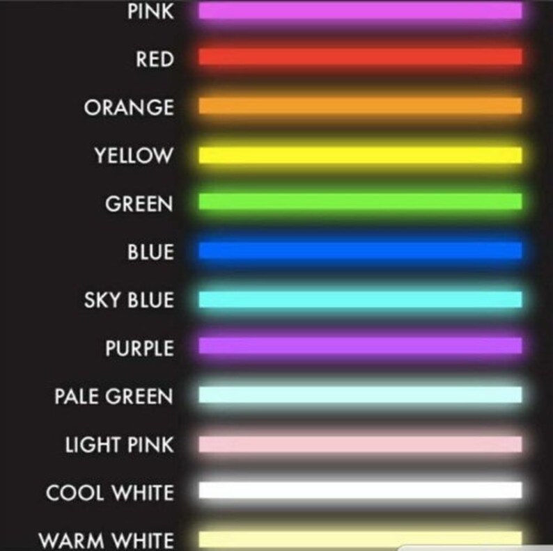 K&ouml;nnte beinhalten: Eine Tabelle mit 12 verschiedenen Farben von Neonlichtern. Die Farben sind Pink, Rot, Orange, Gelb, Gr&uuml;n, Blau, Himmelblau, Lila, Hellgr&uuml;n, Hellrosa, Kaltwei&szlig; und Warmwei&szlig;.