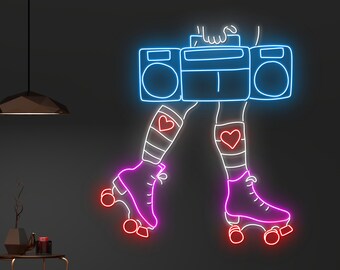 Custom Roller Skate Boombox Neon Sign, Rolling Skate Tape Recorder Led Sign, Skate Shoes Music Stereo Led Light,Skate Girl Player Neon Light