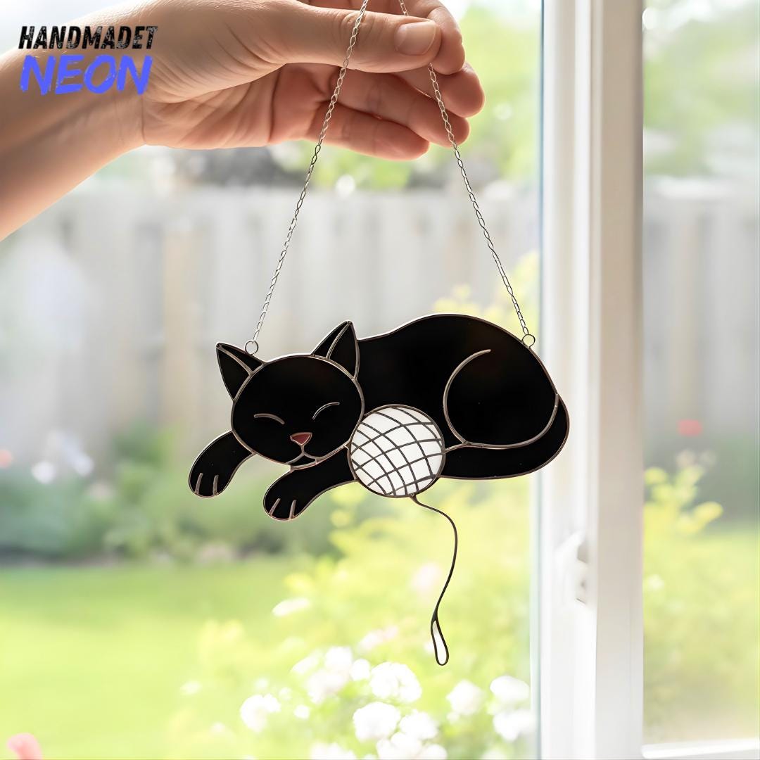 Black Cat Stained Glass Suncatcher: Cat Lover Gift, Window Hanging ...