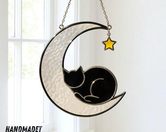 Cat with Moon Stained Glass, Moon with Star Suncatcher, Black Cat Window Hanging, Celestial Decor, Pet Lover Gift, Handmade Gift
