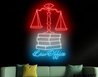 法律事務所ネオンサイン、弁護士 LED サイン、正義の天秤 LED ライト、法律書ネオンライト、法律事務所の壁アートライト、弁護士事務所の壁装飾