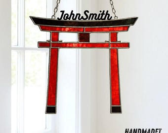 Japanese Torii Gate Stained Glass Suncatcher, Custom Name Window Hanging, Home Decor, Handmade Gift for Japan Lovers