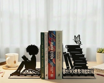 Personalized Black Girl Reading Metal Bookends, Custom Name Metal Book Stopper with Name, Gift for Reading Lover Table Decor