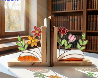 Sujetalibros de vitral floral, elegante soporte para libros con diseño floral para biblioteca en casa, decoración de rincón de libros con flores, regalo