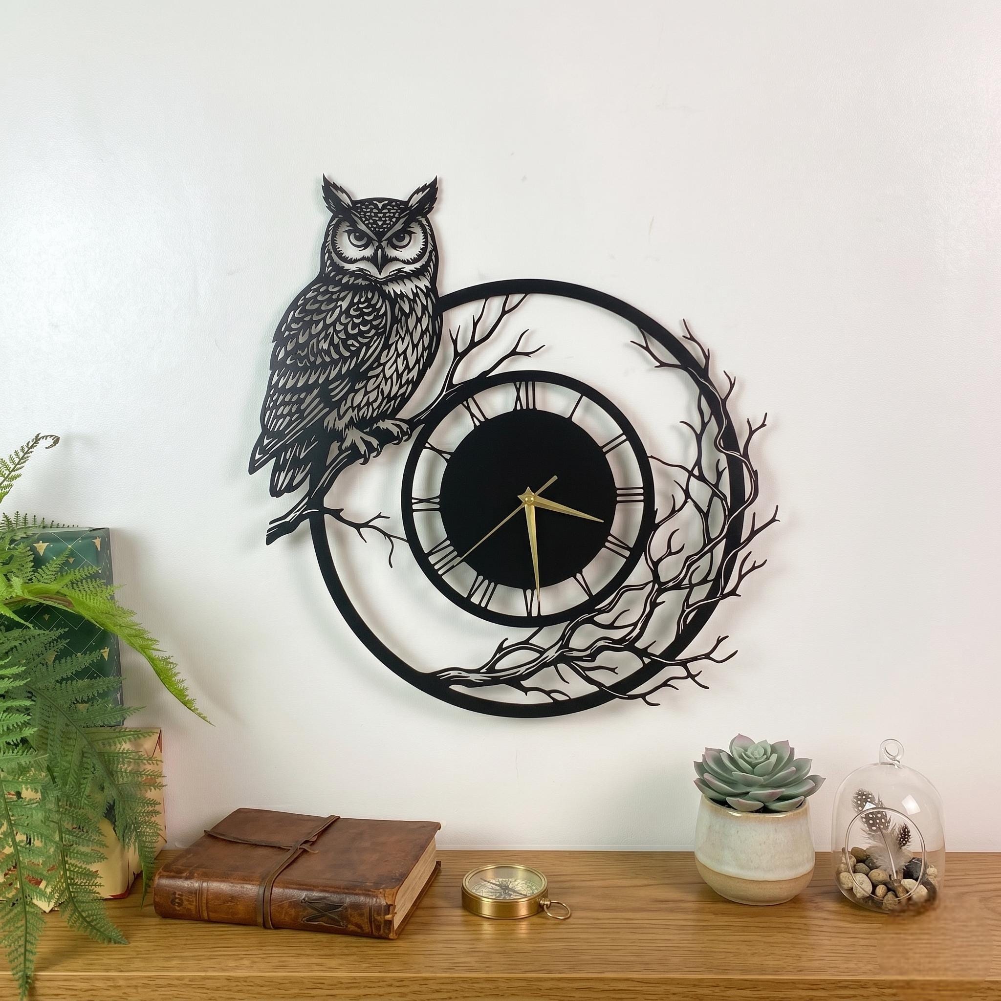 Owl Metal Wall Clock, Bird on Branch Wall Art, Nature Decor