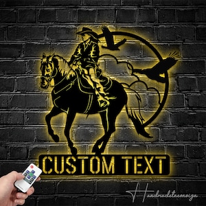 Custom Cowgirl Metal Wall Art LED Light - Personalized Cowgirl Riding Horse Name Sign Home Decor, Western Metal Sign, Country Living Decor