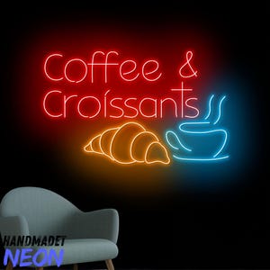 Coffee And Croissants Neon Sign, Croissant Coffee Led Sign, Croissant Neon Light, Coffee Cake Led Light For Bakery, Cake Bakery Wall Decor