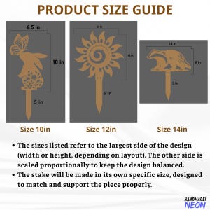 May include: Product size guide featuring three decorative garden stakes. The stakes are laser-cut with a butterfly and bunny, a sun, and a badger. Sizes are 10 inches, 12 inches, and 14 inches in height.