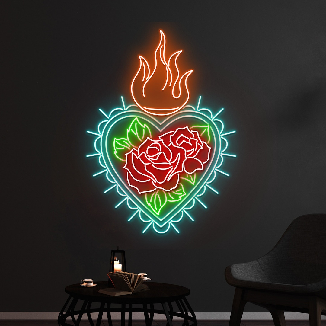 Custom Flaming Heart Rose Flower Neon Sign, Fire Rose Flower Heart LED
