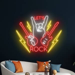 Let&#39;s Rock Guitar Led Sign, Rock n Roll Live Music Neon Sign, Guitar Wall Decor, Rock n Roll Led Light, Custom Neon Sign, Guitar Shop Decor