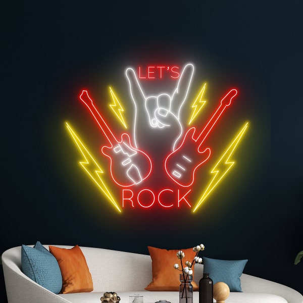Let's Rock Guitar Led Sign, Rock n Roll Live Music Neon Sign, Guitar Wall Decor, Rock n Roll Led Light, Custom Neon Sign, Guitar Shop Decor