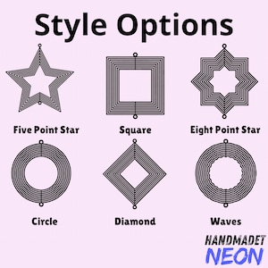 Pode incluir: Imagem mostrando seis op&ccedil;&otilde;es de estilo: uma estrela de cinco pontas, um quadrado, uma estrela de oito pontas, um c&iacute;rculo, um losango e ondas. Cada design &eacute; preto com um efeito em camadas, em um fundo lil&aacute;s claro. Texto: "Style Options" e "HANDMADET NEON".