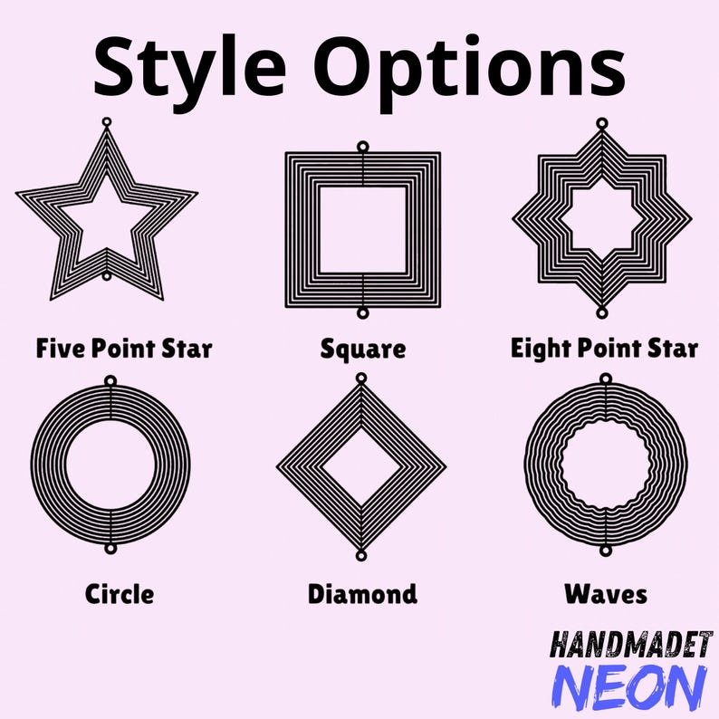 Pode incluir: Imagem mostrando seis op&ccedil;&otilde;es de estilo: uma estrela de cinco pontas, um quadrado, uma estrela de oito pontas, um c&iacute;rculo, um losango e ondas. Cada design &eacute; preto com um efeito em camadas, em um fundo lil&aacute;s claro. Texto: "Style Options" e "HANDMADET NEON".