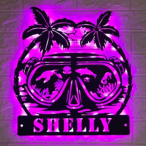 Custom Scuba Diving Mask Metal Wall Art LED Light - Personalized Scuba Diver Name Sign Home Decor - Diving Swimming Metal Sign - Ocean Metal