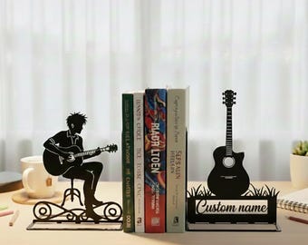 Sujetalibros de metal con diseño de hombre con guitarra personalizado, con nombre personalizado, regalo para guitarrista, decoración de mesa.
