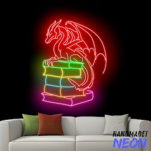 ドラゴンのネオンサイン付き本、ドラゴン LED サイン、ドラゴンの本の LED ライト、ドラゴンの本っぽいネオンライト、本好きの壁アート、ドラゴンの家のウォールデコレーション